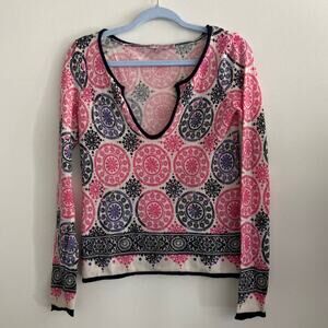 Calypso St. Barth Cashmere V-Neck Sweater Pink Medallion Print XS
